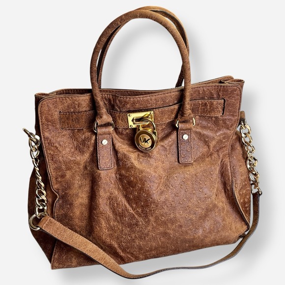 Michael Kors Hamilton Brown Ostrich Print Distressed Leather Purse
